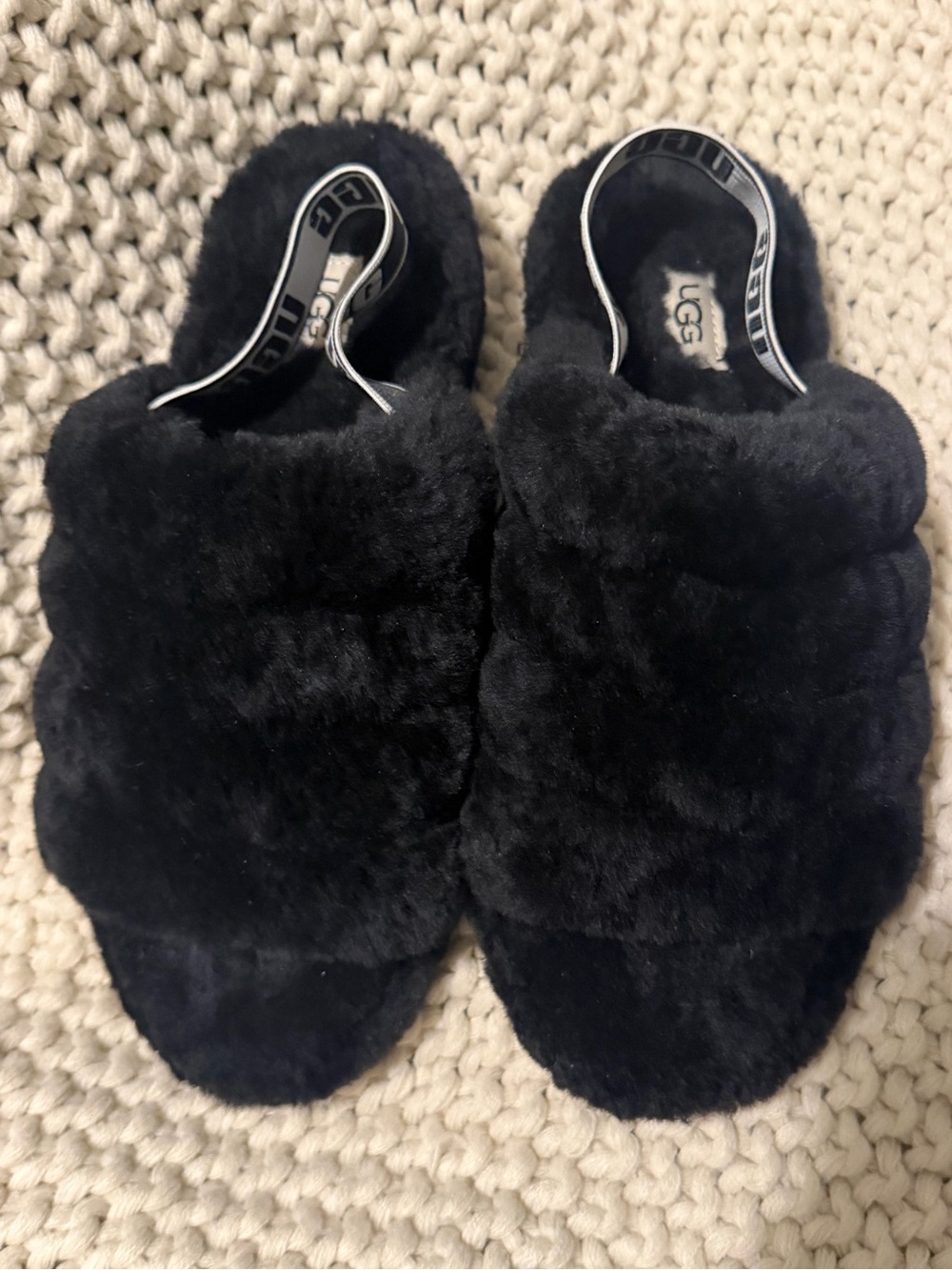 UGG Black Shearling Slide Slippers with Branded Elastic Back Strap